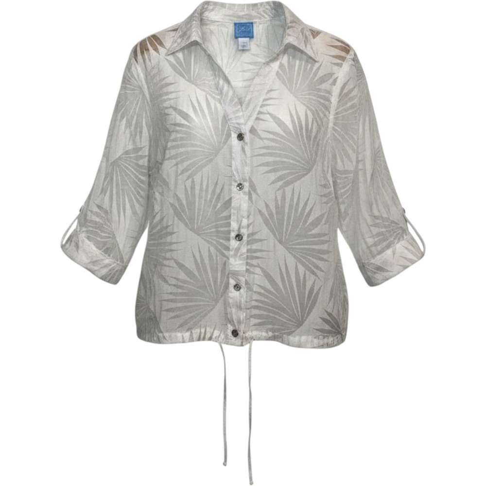 Lola Lane Woman White Sheer Palm Leaf Button Up 3/4 Sleeve Top Plus Size 16W